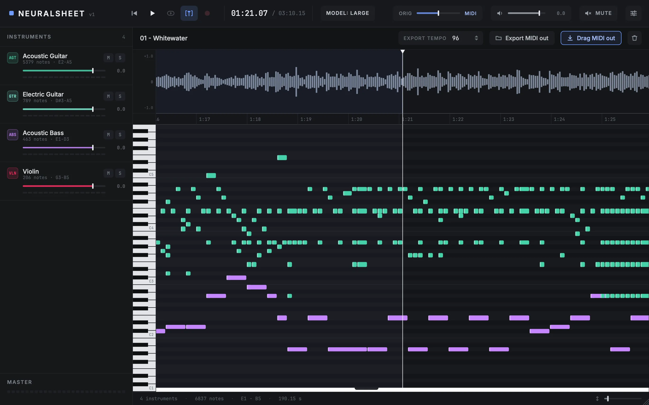 NeuralSheet transcribing a track: the waveform, the piano roll filling in, and the instrument mixer in the sidebar