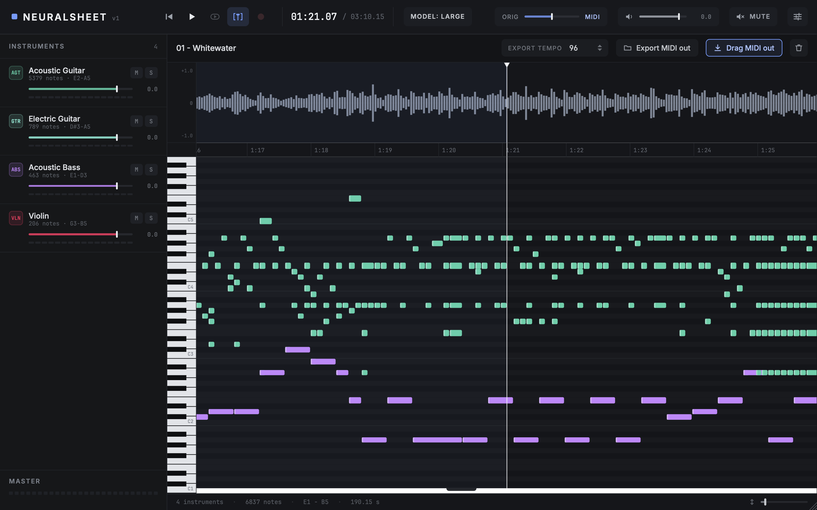 NeuralSheet transcribing a track: the waveform, the piano roll filling in, and the instrument mixer in the sidebar